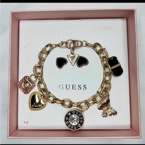 Guess Gold-Tone Charm Bracelet and Stud Earrings - Black & Pink Accents 7.5”